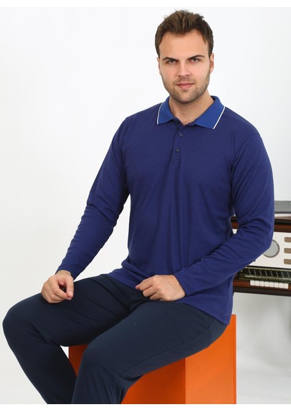 Erkek Polo Yaka Uzun Kol Penye Pijama Takımı Lacivert 6865