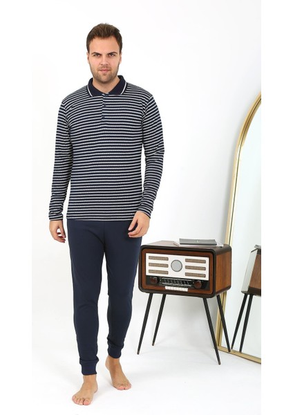 Erkek Polo Yaka Uzun Kol Penye Pijama Takımı Lacivert 6864 modelleri