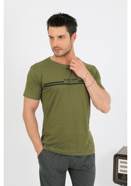 Erkek Pamuk Kısa Kol Pijama Takım Haki 6875 modelleri