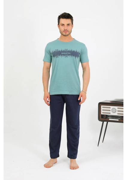 Erkek Pamuk Kısa Kol Pijama Takım Suyeşili 6875 modelleri
