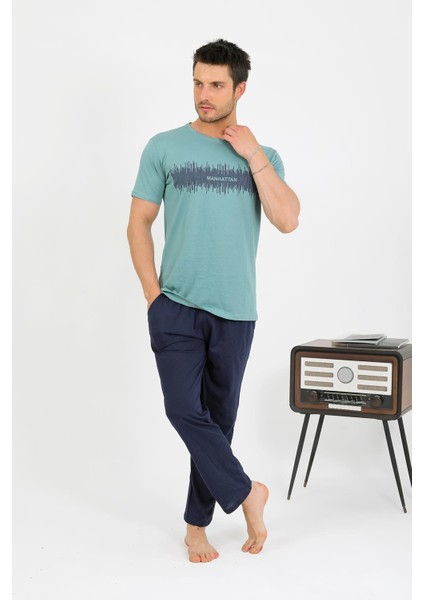 Erkek Pamuk Kısa Kol Pijama Takım Suyeşili 6875 indirimleri