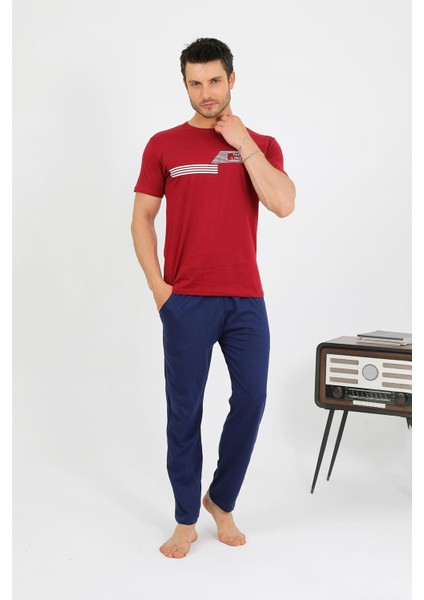 Erkek Pamuk Kısa Kol Pijama Takım Bordo 6875