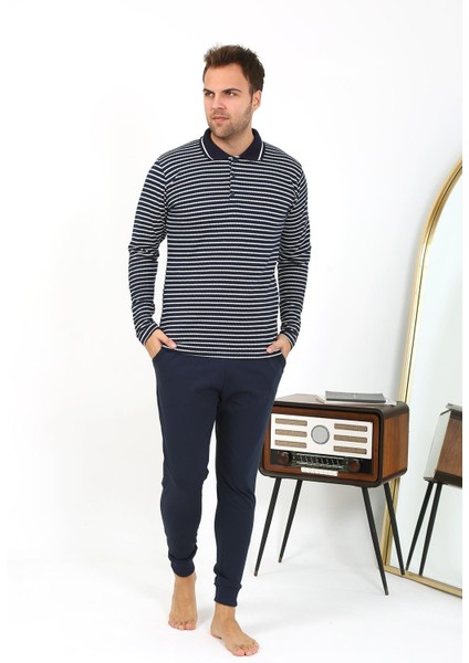 Erkek Polo Yaka Uzun Kol Penye Pijama Takımı Lacivert 6864