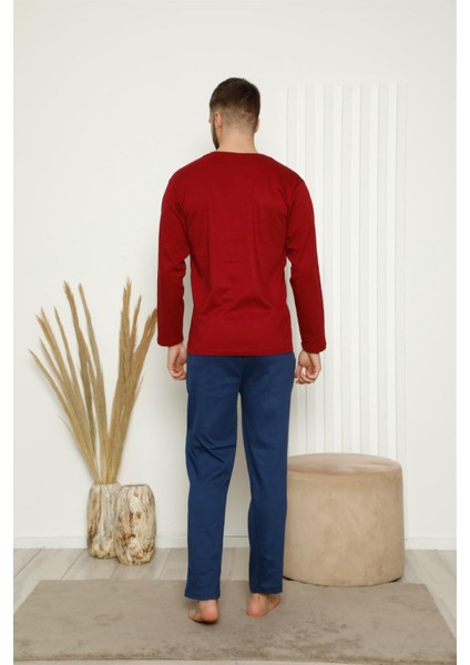 Erkek %100 Pamuk Önden Düğmeli Cepli Uzun Kollu Pijama Takımı 6767
