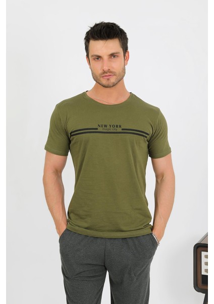 Erkek Pamuk Kısa Kol Pijama Takım Haki 6875