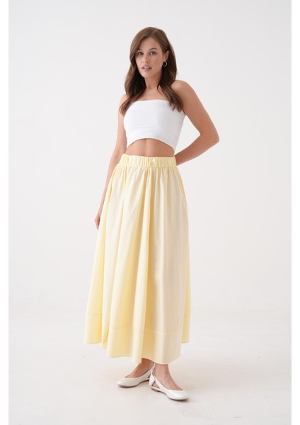 Sarı Poplin Beli Lastikli Uzun Etek 27321