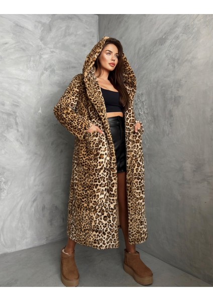 Leopar Kapşonlu Kürk Kaban fiyatları