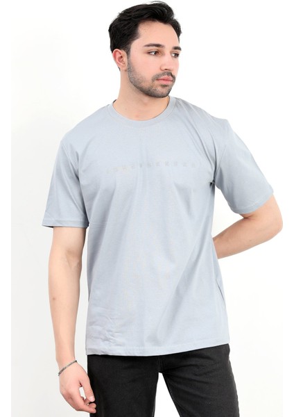 Erkek Bisiklet Yaka Marka Baskılı %100 Pamuklu T-Shirt Açık Gri - 2271-6