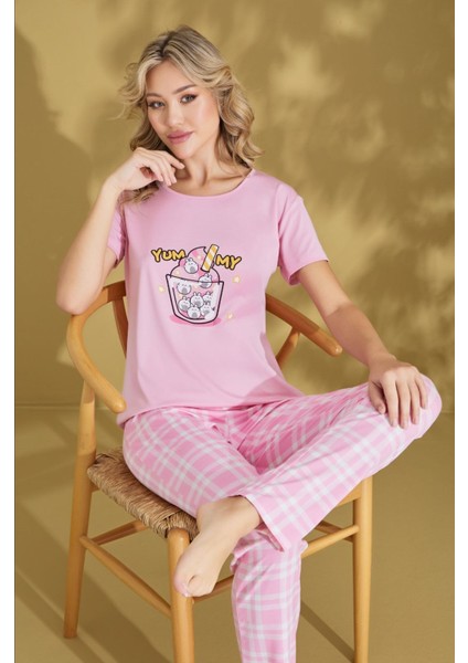 Kadın Desenli Bisiklet Yaka Düğmesiz Pamuklu Yazlık Kısa Kol Pijama Takımı