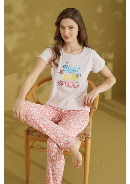 Kadın Desenli Bisiklet Yaka Düğmesiz Pamuklu Yazlık Kısa Kol Pijama Takımı