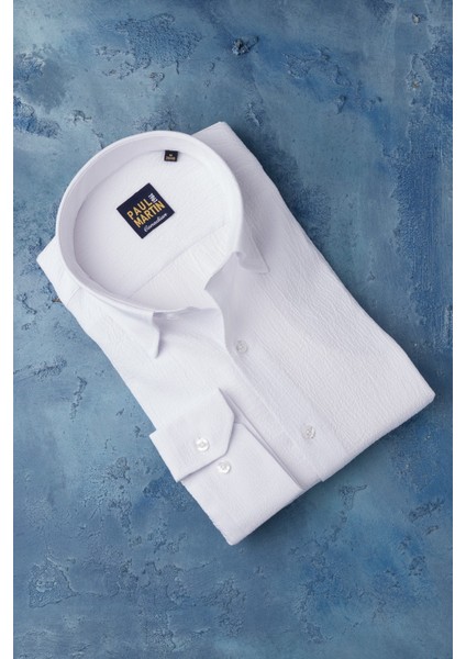 Regular Fit Gizli Yaka Düğmeli Likralı Yazlık Gofre Kumaş Gömlek