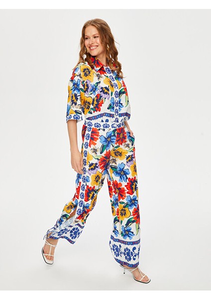 Resort Çiçek Desen Paçası Yırtmaçlı Wide Leg Fit Viskon Pantolon S25PNT045