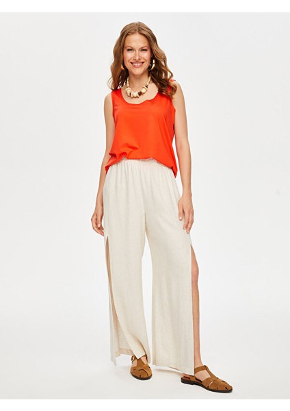 Resort Önü Yırtmaç Detaylı Viskon Keten Wide Leg Fit Pantolon S25PNT047