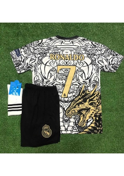 R.e.a.l M.a.d.r.i.d Yeni Sezon Dragon Desenli Cristiano Ronaldo Çocuk Forması 3'lü Set (Black-White)