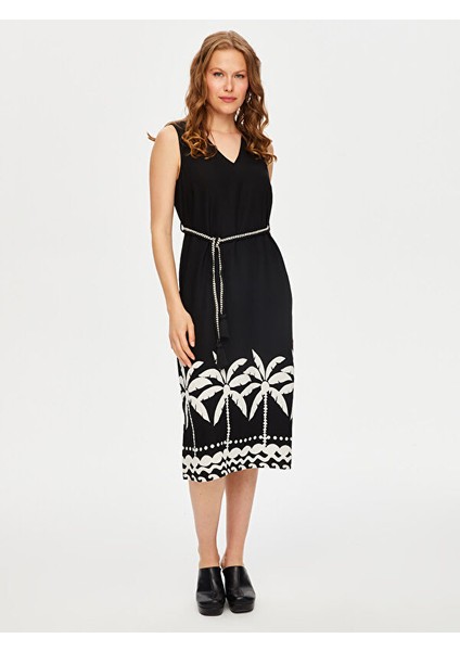 Resort Eteği Palmiye Desen Monochrome Kolsuz Elbise S25ELB046