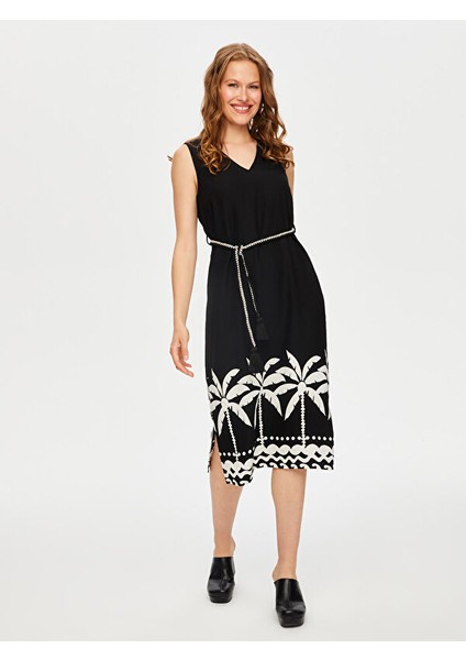 Resort Eteği Palmiye Desen Monochrome Kolsuz Elbise S25ELB046 fiyatları
