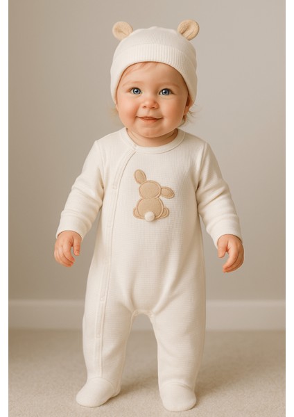 Organik Tavşanlı Tulum ve Şapka Beyaz