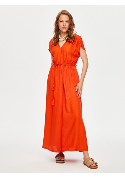 Resort Saç Örgüsü Kordon Detaylı Viskon Keten Kolsuz Elbise S25ELB049