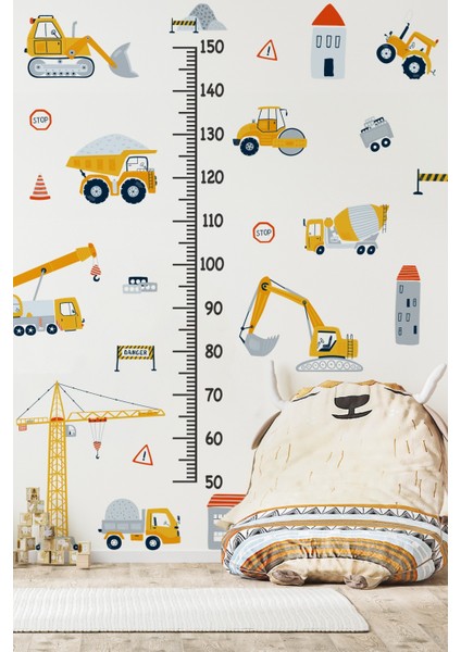 Iş Makinaları Temalı Boy Cetvelli Çocuk Bebek Odası Sticker Seti Boy Cetveli Iş Makinalı Sticker