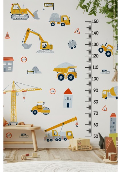 Iş Makinaları Temalı Boy Cetvelli Çocuk Bebek Odası Sticker Seti Boy Cetveli Iş Makinalı Sticker