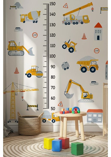 Iş Makinaları Temalı Boy Cetvelli Çocuk Bebek Odası Sticker Seti Boy Cetveli Iş Makinalı Sticker