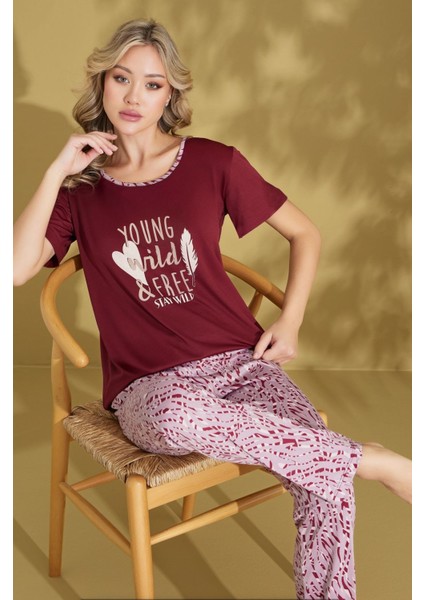 Kadın Desenli Bisiklet Yaka Düğmesiz Pamuklu Yazlık Kısa Kol Pijama Takımı