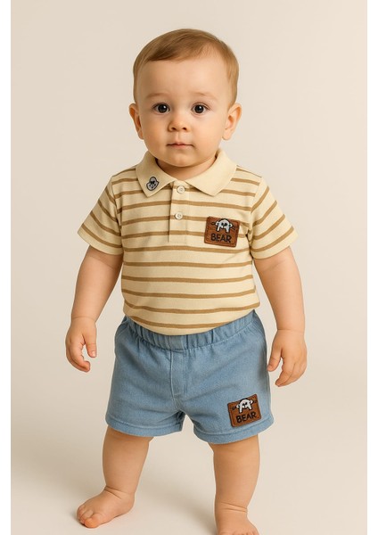 Erkek Bebek Bear Çizgili Polo Yaka Şortlu Takım