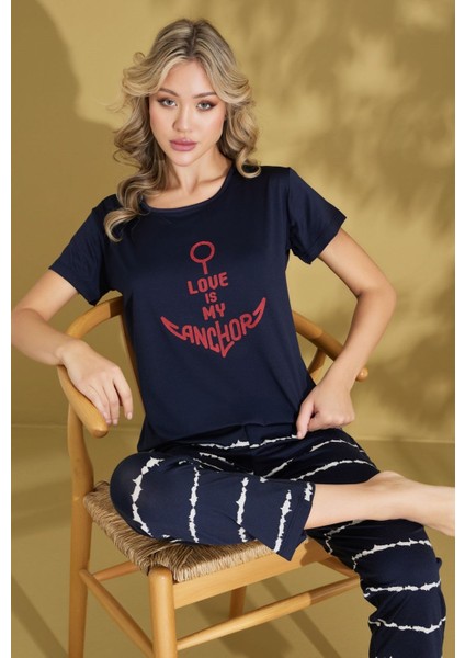 Kadın Desenli Bisiklet Yaka Düğmesiz Pamuklu Yazlık Kısa Kol Pijama Takımı