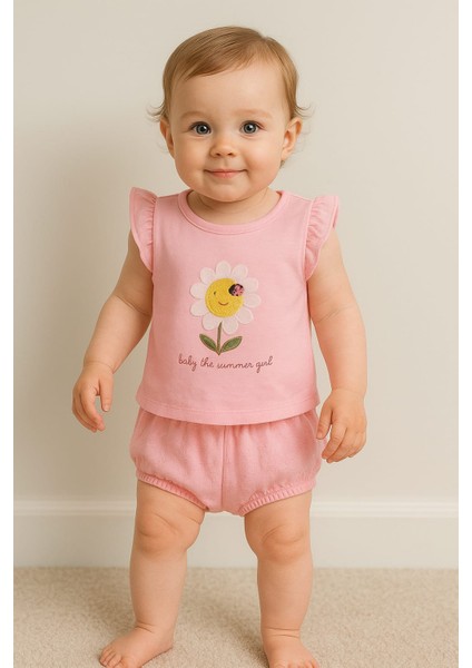 Kız Bebek Summer Çiçek Nakışlı Şortlu Takım
