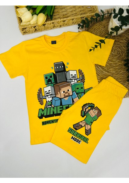 Erkek Çocuk Minecraft Tişört Şort 2’li Alt Üst Takım Sarı