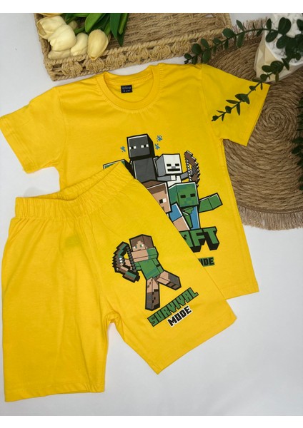 Erkek Çocuk Minecraft Tişört Şort 2’li Alt Üst Takım Sarı modelleri