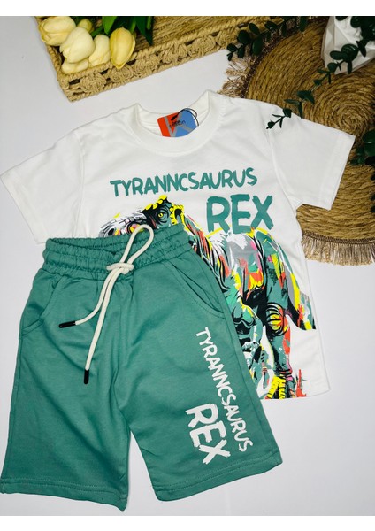 T-Rex Desenli Erkek Çocuk Tişört & Şort Yeşil Alt Üst Takım – Yazlık Dinazor Takımı modelleri