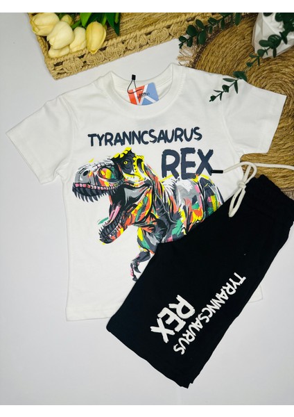 T-Rex Desenli Erkek Çocuk Tişört & Şort Siyah Alt Üst Takım – Yazlık Dinazor Takımı