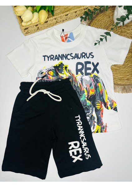 T-Rex Desenli Erkek Çocuk Tişört & Şort Siyah Alt Üst Takım – Yazlık Dinazor Takımı modelleri