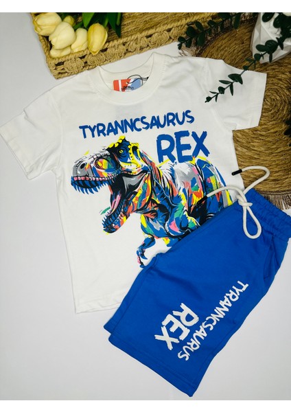 T-Rex Desenli Erkek Çocuk Tişört & Şort Mavi Alt Üst Takım – Yazlık Dinazor Takımı