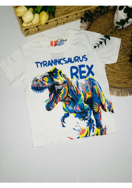 T-Rex Desenli Erkek Çocuk Tişört & Şort Mavi Alt Üst Takım – Yazlık Dinazor Takımı fiyatları