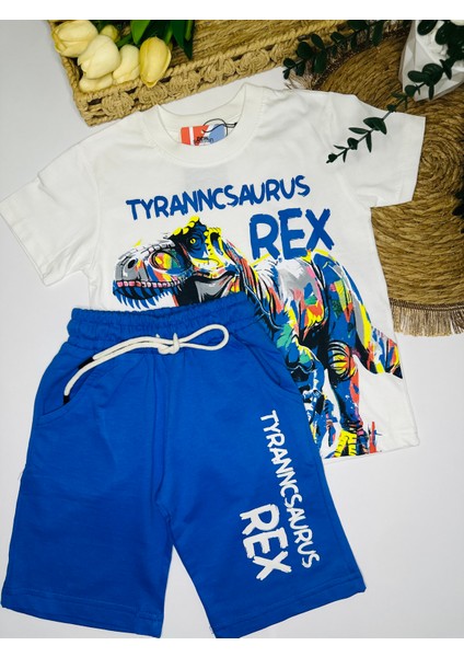 T-Rex Desenli Erkek Çocuk Tişört & Şort Mavi Alt Üst Takım – Yazlık Dinazor Takımı modelleri