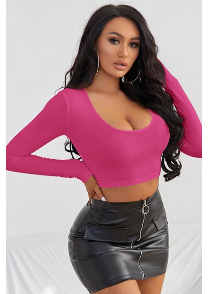 Kadın Fuşya Uzun Kol Kare Yaka Crop Top Bluz