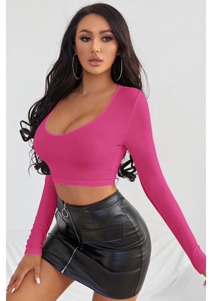 Kadın Fuşya Uzun Kol Kare Yaka Crop Top Bluz