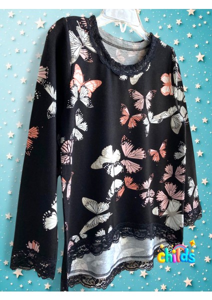 Uzun Kol Ince Mevsimlik Kelebek Baskılı T-Shirt Bol Paça Krep Tayt Kız Çocuk Takım modelleri