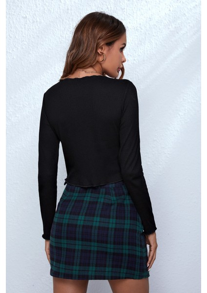Kadın Siyah Uzun Kollu Önden Bağlama Detaylı Crop Top Bluz fiyatları
