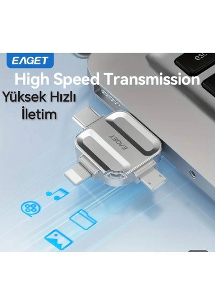 i71 64Gb. 4ü 1'Arada Usb+Type-C+İphone Lightning+Micro Flash Bellek Usb 3.0 Hızlı Tüm Telefon Tablet Bilgisayar İpad için Uygundur Minik Metal Sağlam Orjinal