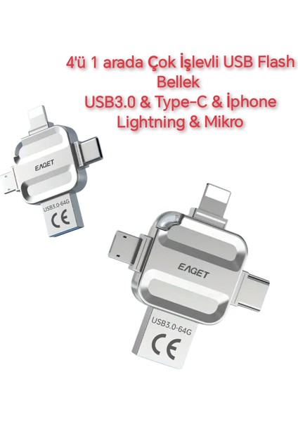 i71 64Gb. 4ü 1'Arada Usb+Type-C+İphone Lightning+Micro Flash Bellek Usb 3.0 Hızlı Tüm Telefon Tablet Bilgisayar İpad için Uygundur Minik Metal Sağlam Orjinal