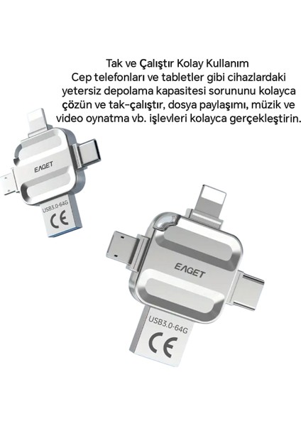 i71 64Gb. 4ü 1'Arada Usb+Type-C+İphone Lightning+Micro Flash Bellek Usb 3.0 Hızlı Tüm Telefon Tablet Bilgisayar İpad için Uygundur Minik Metal Sağlam Orjinal