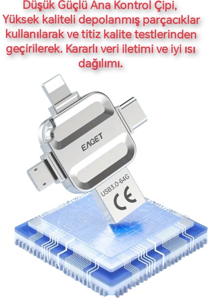 i71 64Gb. 4ü 1'Arada Usb+Type-C+İphone Lightning+Micro Flash Bellek Usb 3.0 Hızlı Tüm Telefon Tablet Bilgisayar İpad için Uygundur Minik Metal Sağlam Orjinal