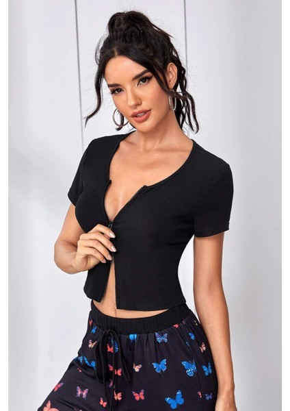 Kadın Siyah Çift Fermuarlı Yarım Kol Crop Top Bluz