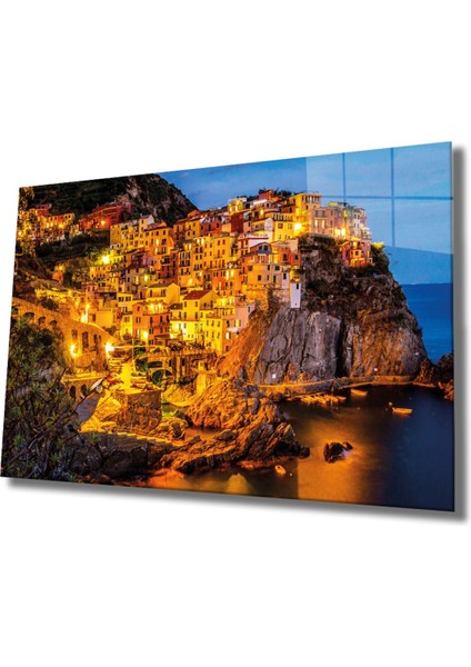 Dağ Işıklı Evler Temalı Modern Uv Dijital Baskı Dekoratif Cam Tablo Mountain Houses