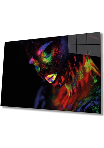 Yeşil Sarı Turuncu Mor Parıltılı Kadın Cam Tablo, Ev ve Ofis Duvar Dekoru, Hediyelik Büyük Cam Tablo