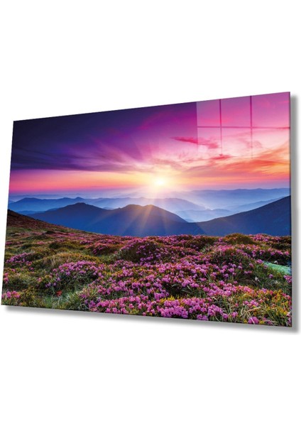 Pembe Dağ Manzarası Cam Tablo, Ev ve Ofis Duvar Dekoru, Hediyelik Büyük Temperli 4 mm Cam Tablo