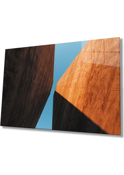 Kahverengi Mavi Geometrik Cam Tablo, Ev ve Ofis Duvar Dekoru Hediyelik Büyük Tablo Dayanıklı Cam